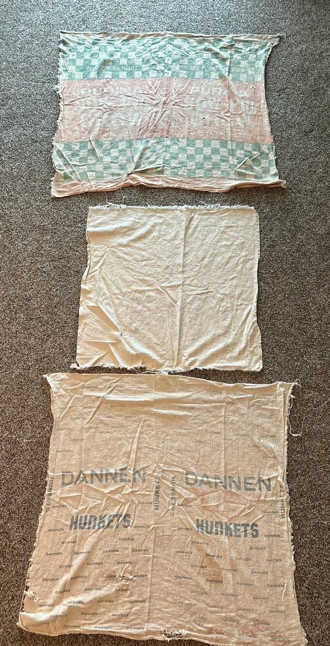 3 Vintage Advertising Farm Feedsacks/Off White Bags Cut - Crafts - Purina Dannen
